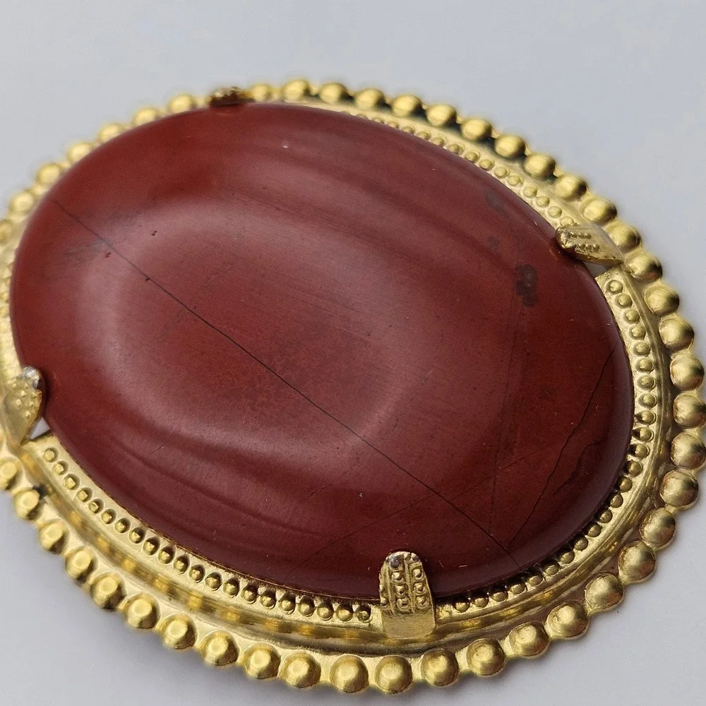 Vintage Orange Stone Oval Brooch Pendant Gold Tone Beaded Frame Victorian Style
